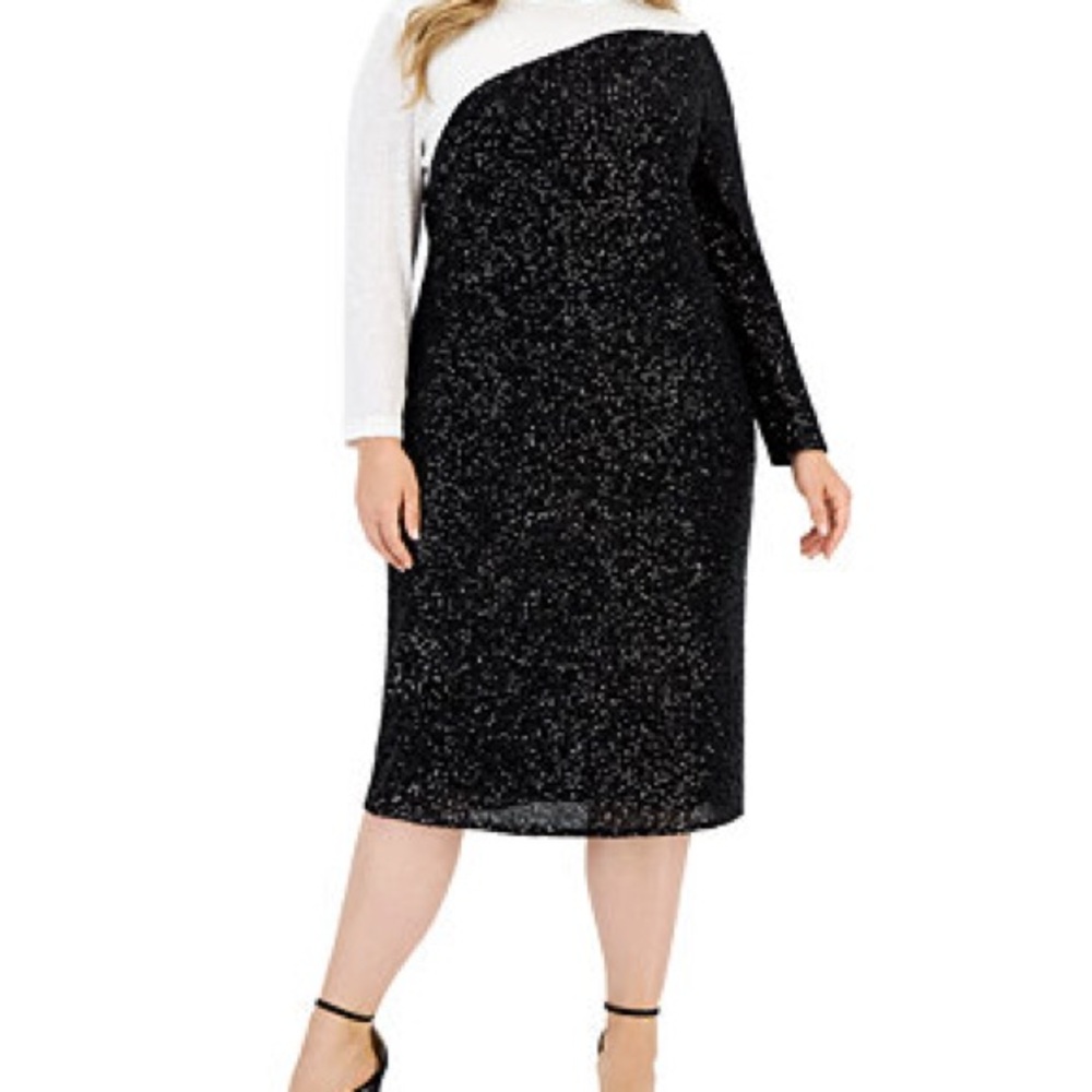 Anne Klein  Black and White Sequin Colorblocked  Midi Dress Size 18W NEW